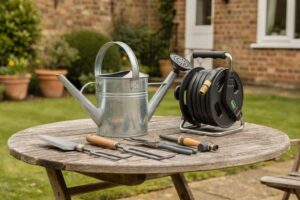 Essential gardening tools and watering cans arranged on a garden path ready for planting season.