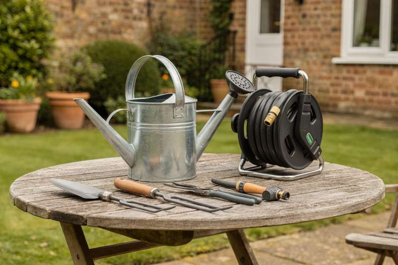 Essential gardening tools and watering cans arranged on a garden path ready for planting season.