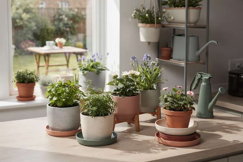 Assorted terracotta pots, ceramic planters, and watering cans arranged in a garden setting.