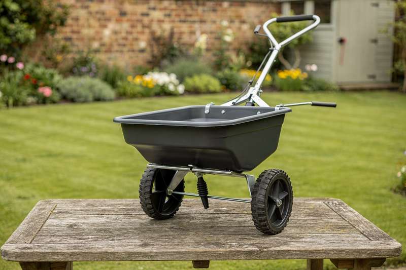 Gardener using a wheeled spreader to distribute fertilizer evenly across a lush green lawn.
