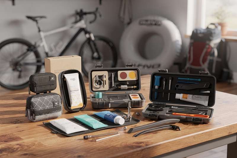 Assorted repair kit components including patches, adhesive, and tools arranged on a wooden surface.