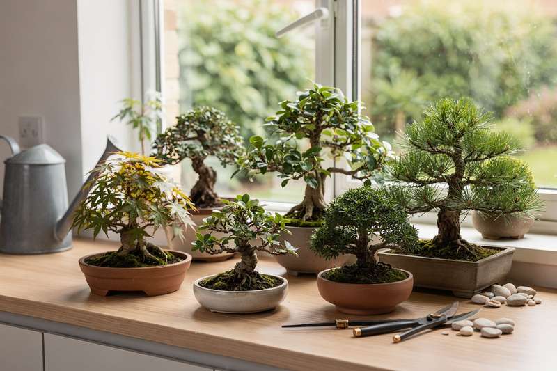 Miniature bonsai tree displayed in decorative pot with carefully pruned branches and foliage.