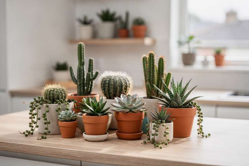 Hardy succulents and cacti varieties thriving in a bright UK home setting with varied pot arrangements.