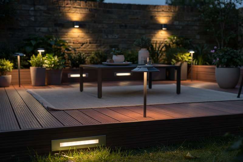 Modern LED lighting installed along wooden deck steps and patio furniture in a residential UK garden at dusk.