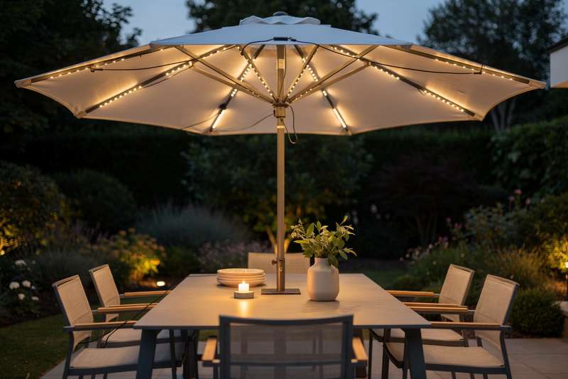 LED-lit umbrella casting warm glow over outdoor patio seating area at dusk.
