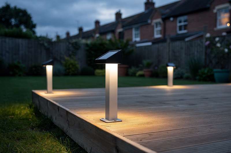 Solar post lights illuminating a garden pathway at dusk with modern designs suitable for UK landscapes.