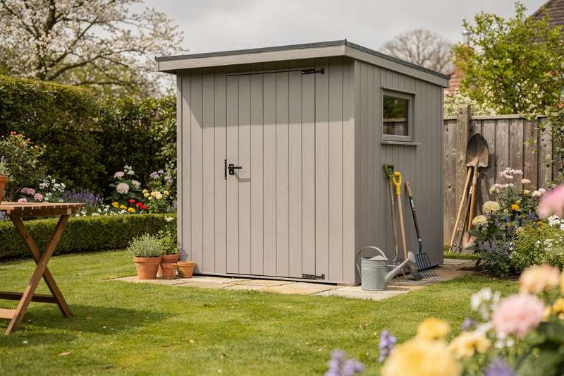 Variety of garden sheds displayed in different sizes and styles suitable for various UK garden spaces and budgets.