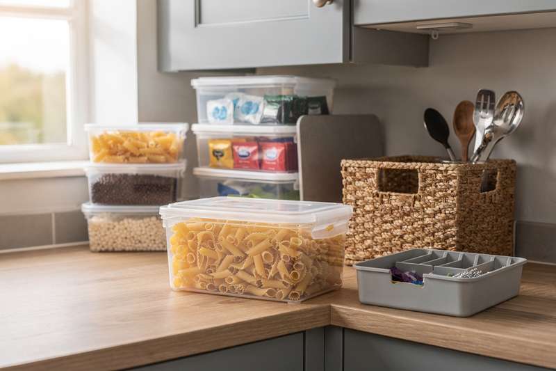 Assorted plastic and glass storage containers arranged on a kitchen shelf demonstrating space-saving organization solutions.