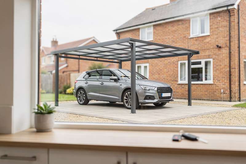 Modern carport structure sheltering a vehicle on a residential UK driveway.