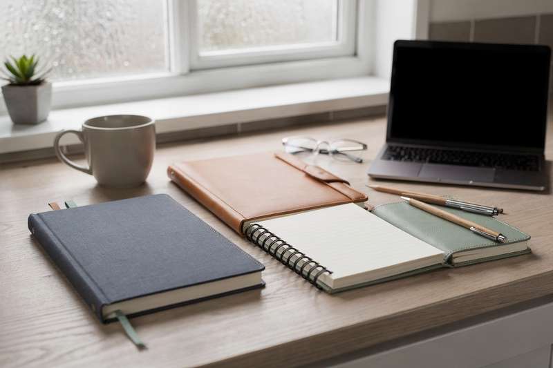 Selection of premium notebooks, writing pads and diaries displayed on a desk for UK office supplies.