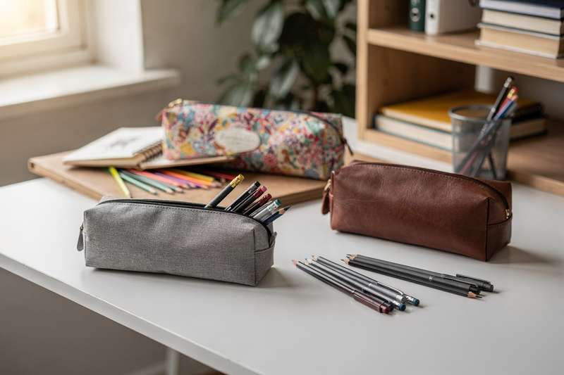Organized collection of stylish pencil cases in various sizes and colors arranged on a desk.