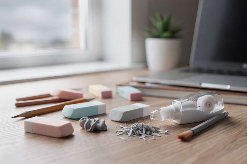 Selection of quality erasers and correction supplies displayed on a clean office desk.