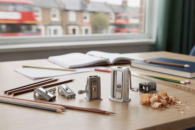 Various pencil sharpeners arranged on a workspace, including manual and electric models suitable for art and classroom use.