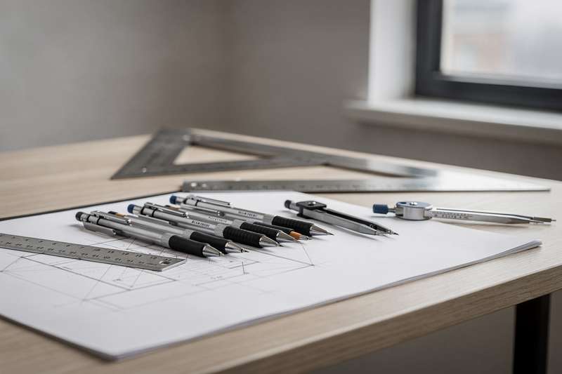 Essential technical drawing tools including precision rulers, compasses, and drafting pens arranged on a work surface.