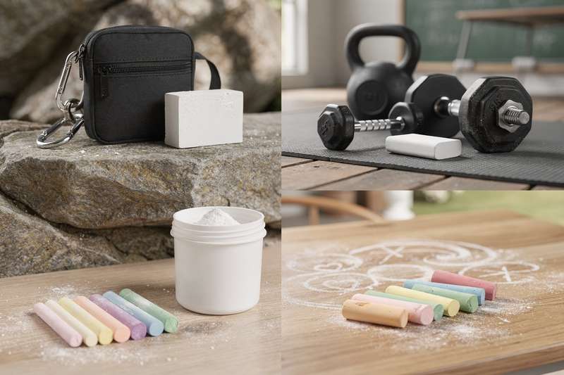 Different types of chalk powder displayed in containers showing climbing, lifting, and classroom applications.