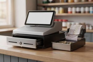 Modern silver cash register with open drawer displaying compartments for notes and coins on retail counter.