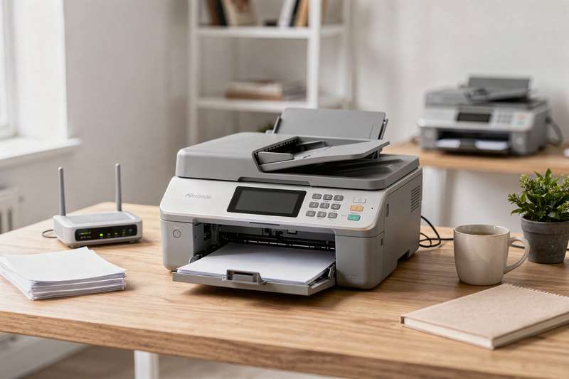 Compact multifunction office printer with fax, copy, and scan capabilities displayed on a desk.