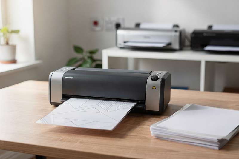 Various laminator models displayed on an office desk with sample documents and laminated sheets.