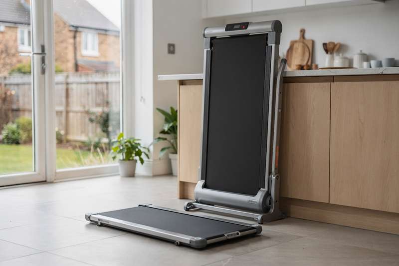 Compact folding treadmill stored upright in a modern UK living room corner next to a sofa.