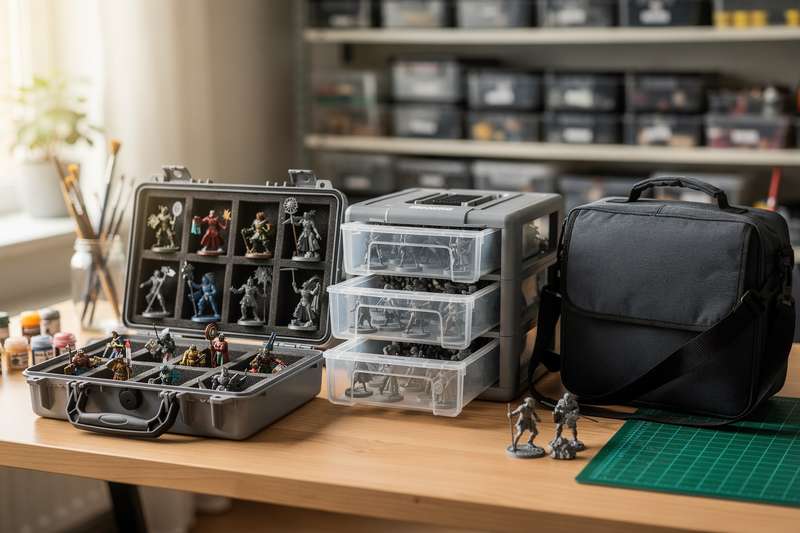 Protective storage cases displayed with miniature figurines and gaming pieces inside compartments.