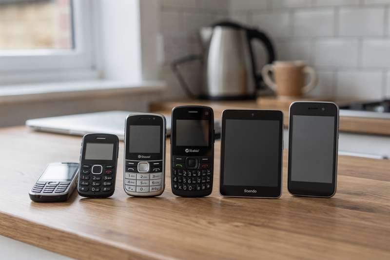 Selection of modern smartphones and basic feature phones displayed showing various price points and capabilities.