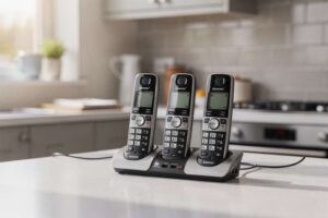 Modern cordless home phone handset displayed with charging dock and signal indicator on screen.