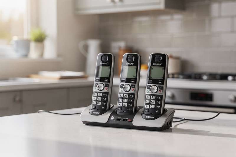 Modern cordless home phone handset displayed with charging dock and signal indicator on screen.