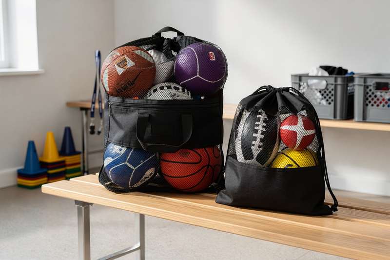 Assorted sports ball storage bags and mesh nets arranged for team equipment organization and coaching needs.