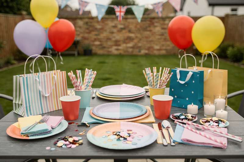 Colourful party decorations including balloons, banners, and tableware arranged for event planning.