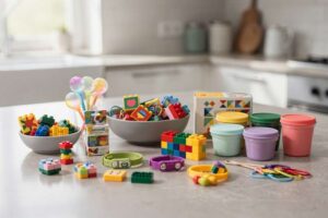 Creative and practical party favor items arranged on a colorful table for children's celebrations.