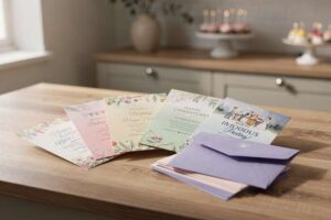 Selection of colorful party invitation cards and designs displayed for various celebration events.
