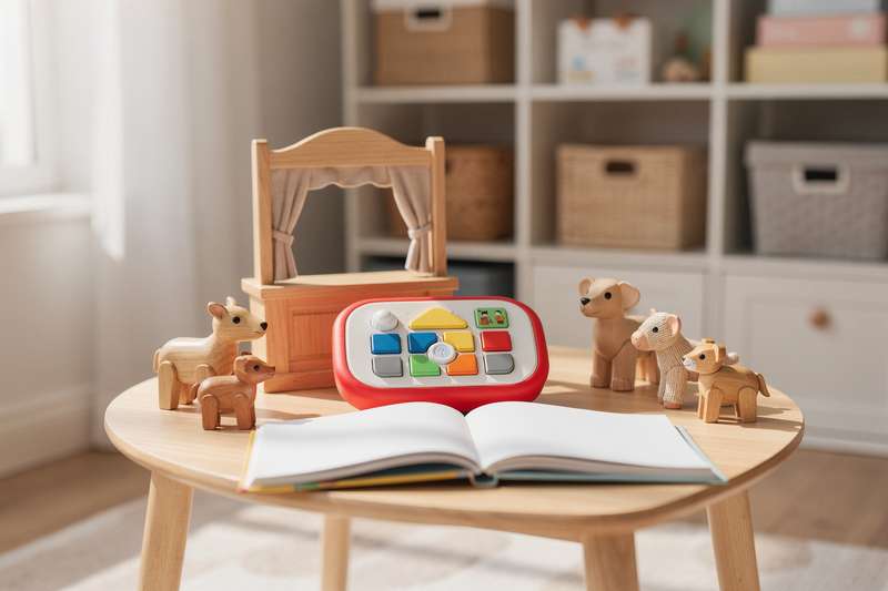 Creative toys arranged on a colorful surface that encourage children to invent narratives and develop storytelling skills.