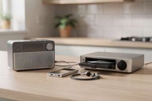 Compact portable radio and CD player devices displayed on a wooden surface for comparison.