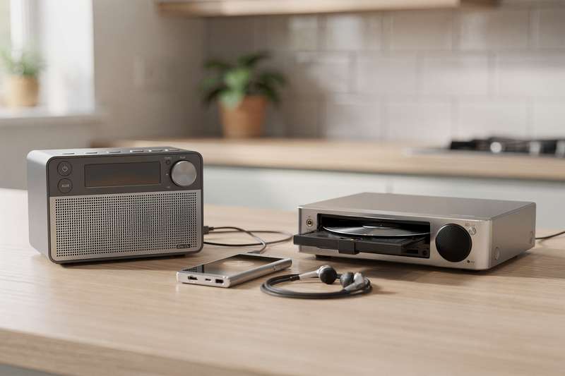 Compact portable radio and CD player devices displayed on a wooden surface for comparison.