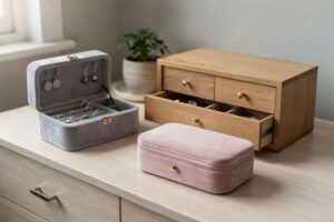 Elegant wooden and velvet jewellery boxes displayed with organized compartments for rings, necklaces and bracelets.