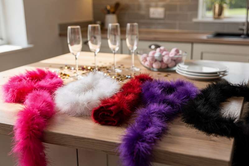 Colorful feather boas displayed in various styles and colors perfect for party costumes and celebration outfits.