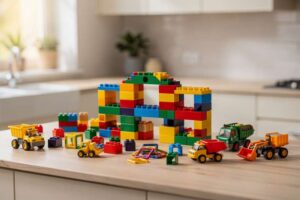 Colorful plastic building blocks and construction toy sets arranged on a white surface for children's play.