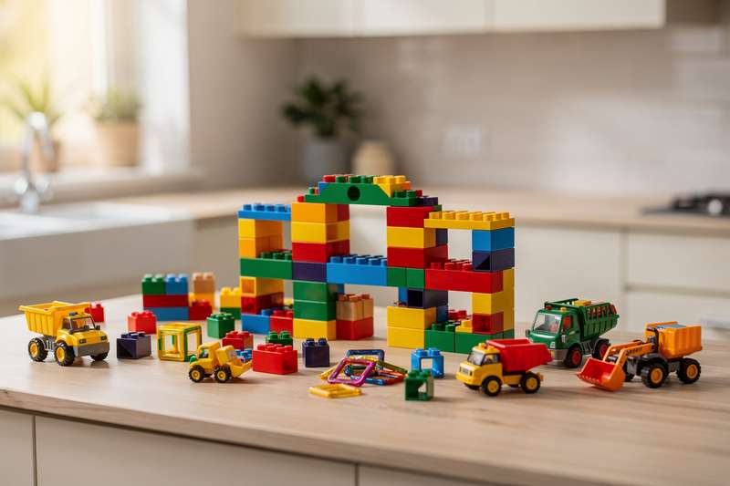 Colorful plastic building blocks and construction toy sets arranged on a white surface for children's play.