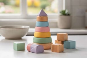Colorful wooden stacking blocks arranged in a tower for infant and toddler play and development.