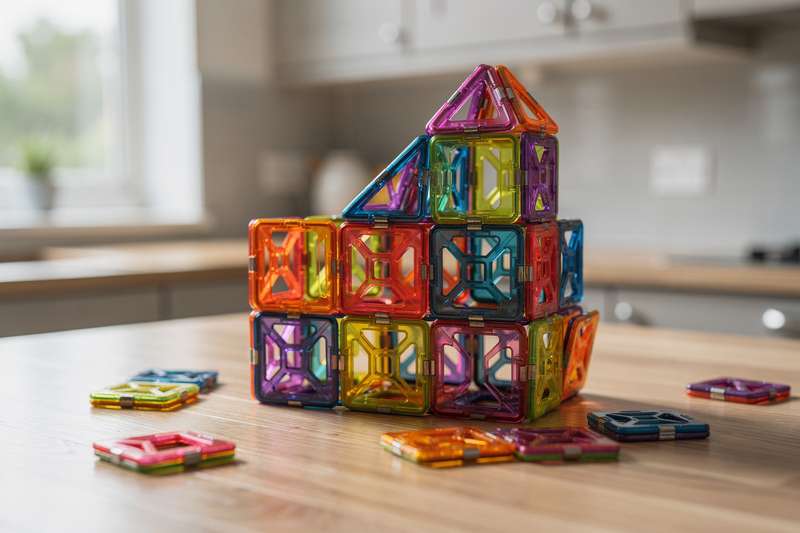 Colorful magnetic building blocks arranged in various 3D structures on a white surface.