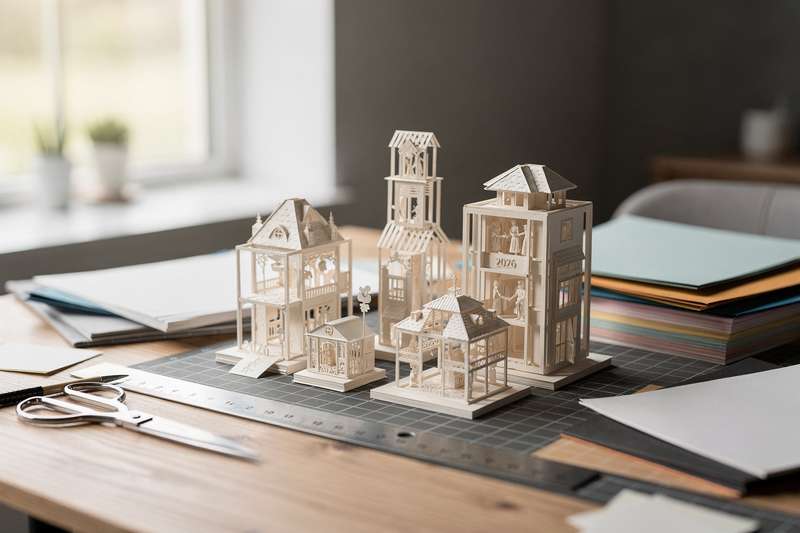 Colorful 3D paper sculpture desk calendar displaying months with intricate layered designs and decorative elements.
