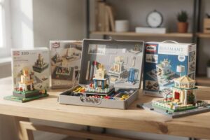 Colorful assortment of affordable 3D craft kits with model pieces and construction materials displayed together.
