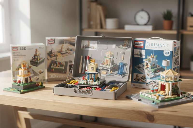 Colorful assortment of affordable 3D craft kits with model pieces and construction materials displayed together.