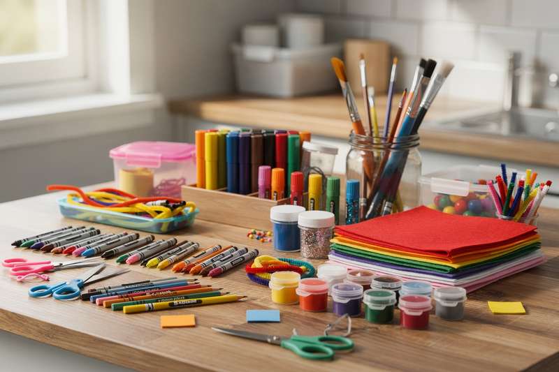 Colorful assortment of paintbrushes, markers, colored pencils and craft materials arranged together.
