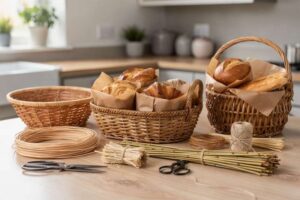 Assorted wicker baskets and weaving materials arranged for craft projects and gift presentation.