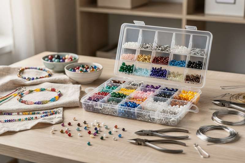 Colorful assorted beads, tools, and wire organized in a jewelry-making starter kit.