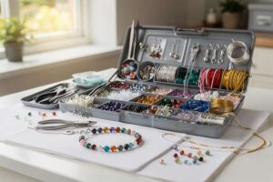 Colorful beads, wire, and tools arranged for jewelry crafting projects and designs.