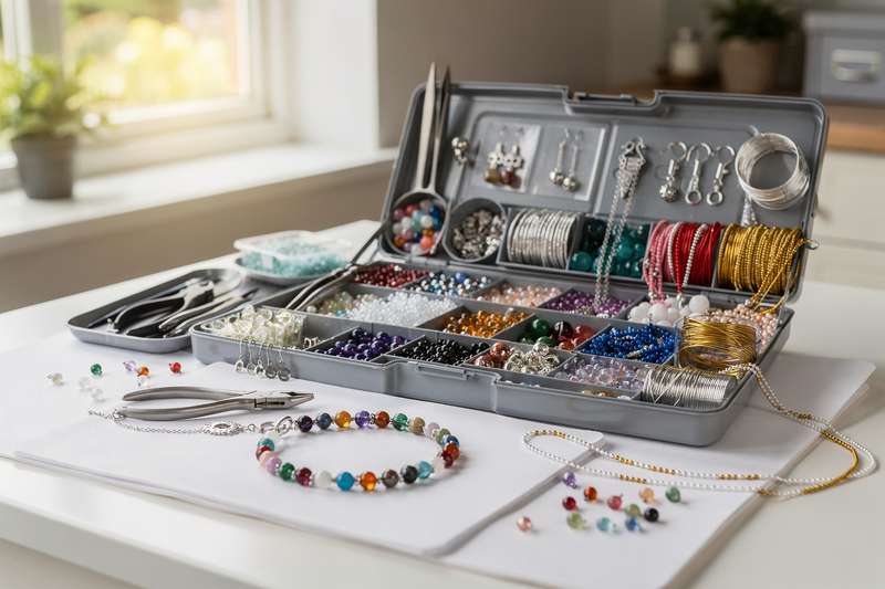 Colorful beads, wire, and tools arranged for jewelry crafting projects and designs.