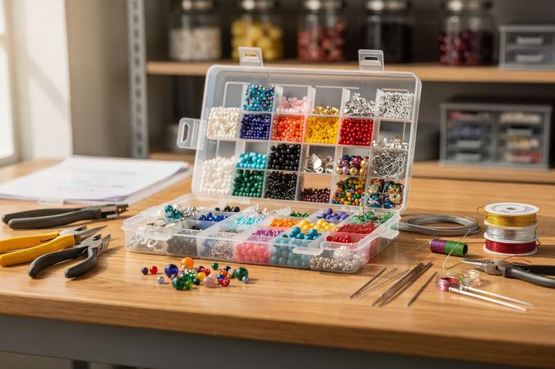 Colorful beads and tools spread out from an affordable jewelry-making starter kit for beginners.