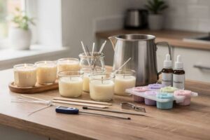 Budget-friendly candle making kit displayed with wax, wicks, and fragrance supplies for beginners.